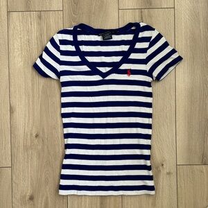 Ralph Lauren Blue and White Striped V-Neck Tee